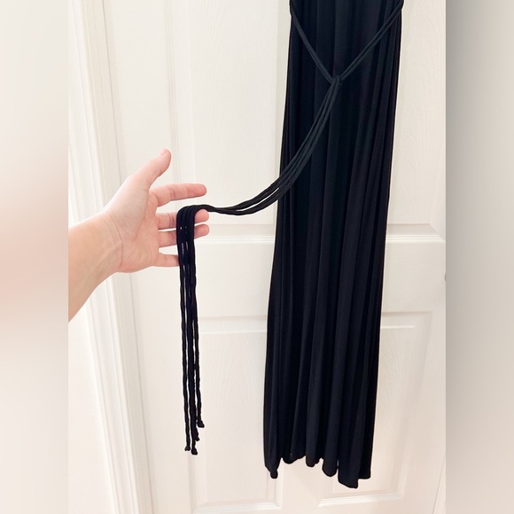 Moda International Pleated Tie Waist Boho Jersey Knit Maxi Dress Black sz Small - Picture 16 of 16
